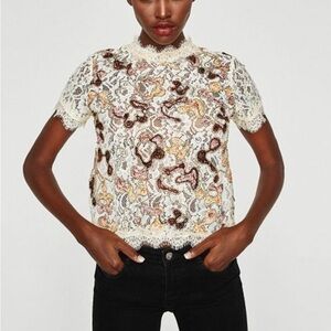 Zara Ecru Multicolored Lace Top Small embroidered